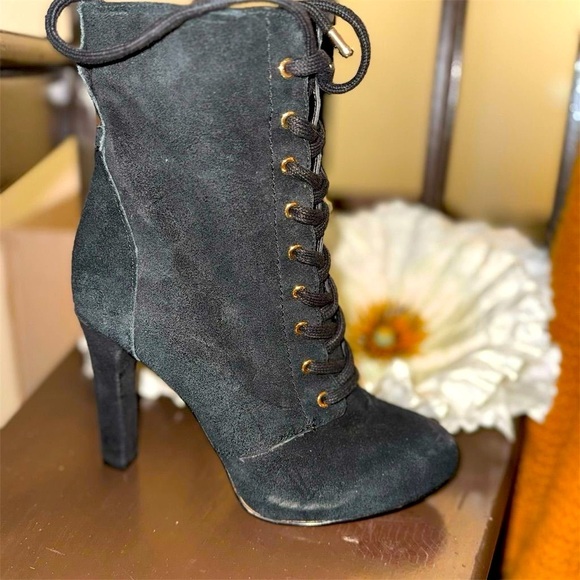 INC Women's Black Lace-Up Suede Boots Size 5.5M Casual Chunky Heel - Picture 1 of 11